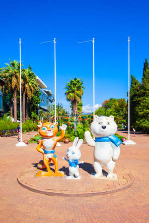 Sochi, Russia - October 04, 2020: Leopard, Hare and Polar bear sculptures are the mascots for the 2014 Winter Olympic Games in Sochi resort city in Russiaのeditorial素材