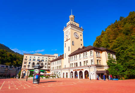Rosa Khutor, Russia - October 06, 2020: Town Hall in the centre of Roza Khutor, an alpine ski resort located near Krasnaya Polyana town in Sochi region, Russiaのeditorial素材