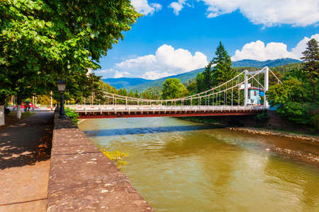 Bridge through Kura river in Borjomi town. Borjomi is a resort town in Samtskhe Javakheti region of Georgia.の写真素材