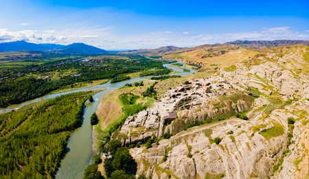 Uplistsikhe aerial panoramic view. Uplistsikhe is an ancient rock hewn town near Gori in Shida Kartli region of Georgiaの写真素材