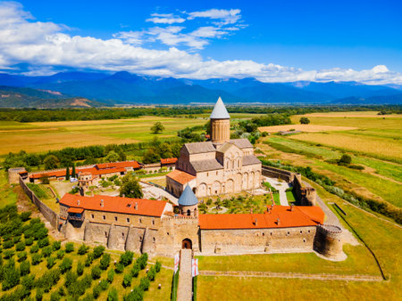 Alaverdi Monastery Complex aerial panoramic view in Kakheti. Kakheti is a region in eastern Georgia...