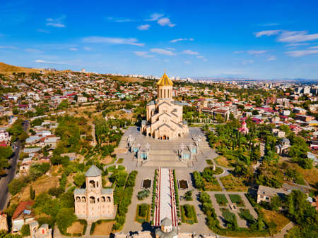 Holy Trinity Cathedral or Tsminda Sameba Church aerial panoramic view in Tbilisi old town. Tbilisi is the capital and the largest city of Georgia, lying on the banks of the Kura River.の写真素材