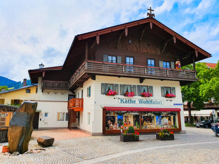 Oberammergau, Germany - July 03, 2021: Kathe Wohlfahrt souvenir shop in Oberammergau town in Bavaria, Germanyのeditorial素材