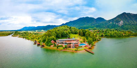 Kochel am See, Germany - July 01, 2021: Kristall Therme trimini aerial panoramic view. It is a thermal spa complex in Kochel am See at the Kochelsee or Lake Kochel in Bavaria, Germany.のeditorial素材