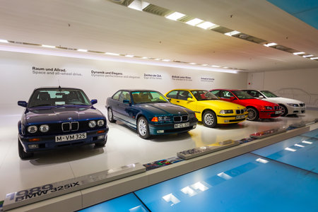 Munich, Germany - July 08, 2021: Row of classic to modern BMW M3 car series on display in BMW...