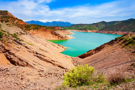 Lake Hisorak is a water reservoir near Shahrisabz city in Uzbekistanの写真素材