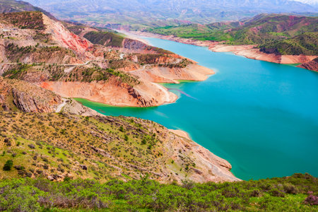 Lake Hisorak is a water reservoir near Shahrisabz city in Uzbekistanの写真素材