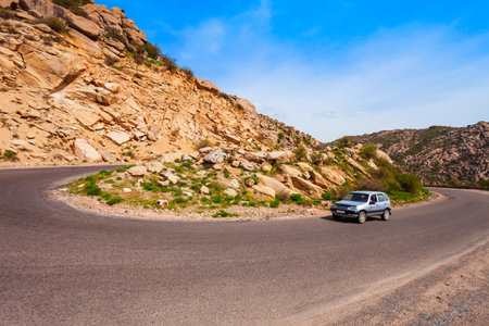 Car on the beauty mountainroad between Samarkand and Shahrisabz cities in Uzbekistanの写真素材