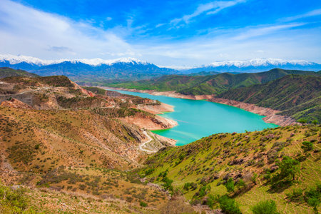 Lake Hisorak is a water reservoir near Shahrisabz city in Uzbekistanの写真素材