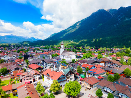 Parish Church of St. Martin aerial panoramic view in Garmisch-partenkirchen town in Bavaria, southern Germanyの写真素材