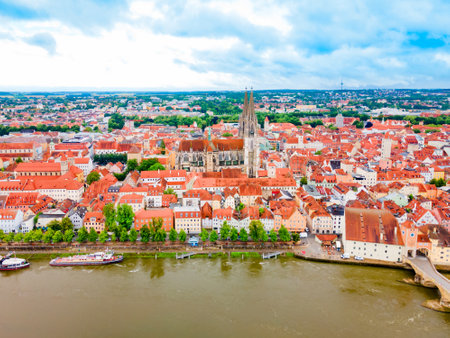 Regensburg aerial panoramic view. Regensburg is a city at Danube river in Bavaria, Germanyの写真素材