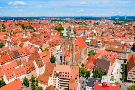 Saint Sebaldus or St. Sebald Church aerial panoramic view in Nuremberg old town. Nuremberg is the second largest city of Bavaria state in Germany.の写真素材