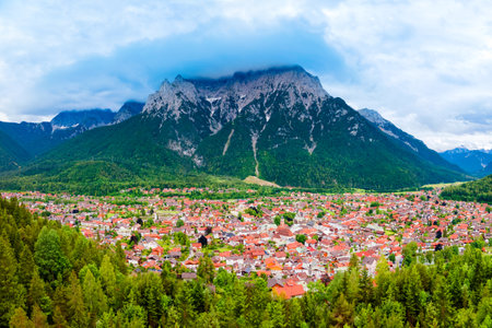 Mittenwald town and Karwendel mountain aerial panoramic view in Bavaria, Germanyの写真素材