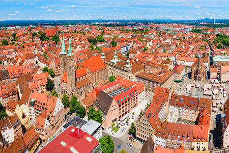 Saint Sebaldus or St. Sebald Church aerial panoramic view in Nuremberg old town. Nuremberg is the second largest city of Bavaria state in Germany.の写真素材