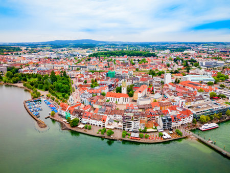 Friedrichshafen aerial panoramic view. Friedrichshafen is a city on the shore of Lake Constance or Bodensee in Bavaria, Germany.の写真素材