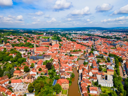 Bamberg old town aerial panoramic view. Bamberg is a town on the river Regnitz in Upper Franconia, Bavaria in Germany.の写真素材
