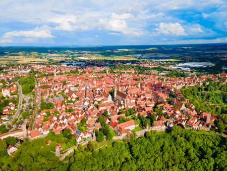Rothenburg ob der Tauber aerial panoramic view. Rothenburg ob der Tauber is a city in the Franconia region of Bavaria, Germany.の写真素材