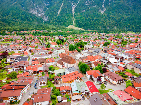 Mittenwald town aerial panoramic view in Bavaria, Germanyの写真素材
