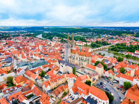 Regensburg aerial panoramic view. Regensburg is a city at Danube river in Bavaria, Germanyの写真素材