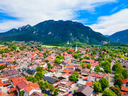 Oberammergau aerial panoramic view. Oberammergau is a town in the district of Garmisch-Partenkirchen in Bavaria, Germanyの写真素材