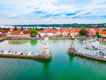 Lindau aerial panoramic view. Lindau is a major town and island on the Lake Constance or Bodensee in Bavaria, Germany.の写真素材