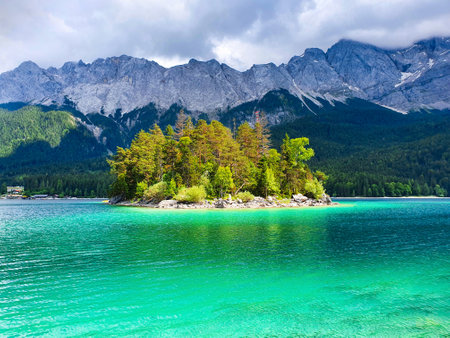 Eibsee lake near Garmisch-Partenkirchen town in Bavaria, Germanyの写真素材