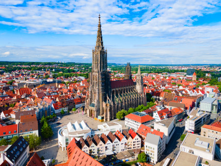 Ulm Minster or Ulmer Munster Cathedral aerial panoramic view, a Lutheran church located in Ulm, Germany. It is currently the tallest church in the world.の写真素材