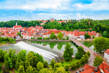 Lech river weir aerial panoramic view in Landsberg am Lech, a town in southwest Bavaria, Germanyの写真素材