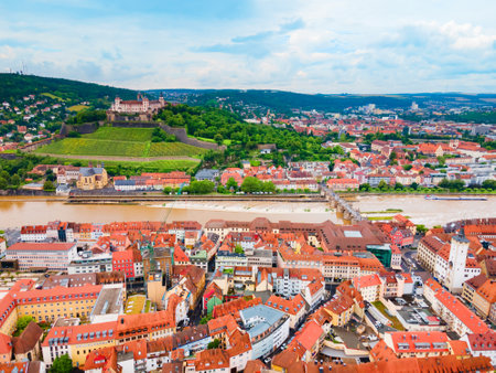 Main river and Wurzburg old town aerial panoramic view. Wurzburg or Wuerzburg is a city in Franconia region of Bavaria state, Germany.の写真素材