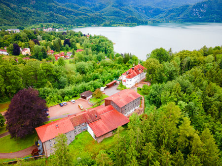 Schloss Aspenstein aerial panoramic view. Schloss Aspenstein is located in Kochel am See town at the Kochelsee or Lake Kochel in Bavaria, Germany.の写真素材