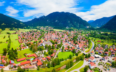 Oberammergau aerial panoramic view. Oberammergau is a town in the district of Garmisch-Partenkirchen in Bavaria, Germanyの写真素材