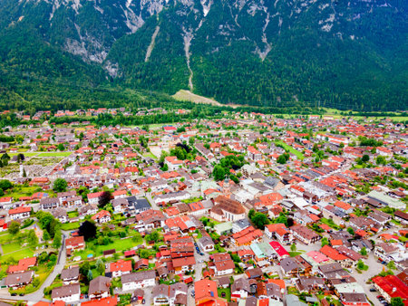 Mittenwald town aerial panoramic view in Bavaria, Germanyの写真素材