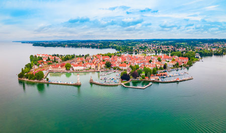 Lindau aerial panoramic view. Lindau is a major town and island on the Lake Constance or Bodensee in Bavaria, Germany.の写真素材