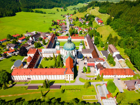 Ettal Abbey aerial panoramic view. Ettal Abbey is a Benedictine monastery in the village of Ettal close to Oberammergau and Garmisch-Partenkirchen in Bavaria, Germanyの写真素材