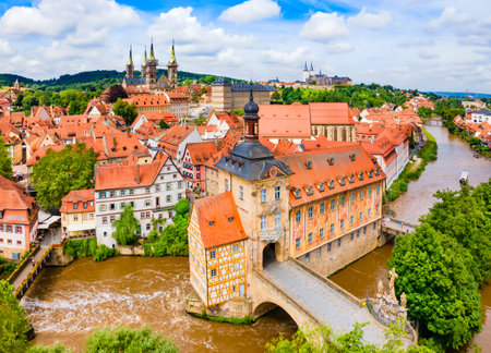 Bamberg Old Town Hall or Rathaus aerial panoramic view. Bamberg is a town on the river Regnitz in Upper Franconia, Bavaria in Germany.の写真素材