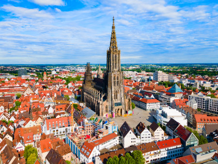Ulm Minster or Ulmer Munster Cathedral aerial panoramic view, a Lutheran church located in Ulm, Germany. It is currently the tallest church in the world.の写真素材