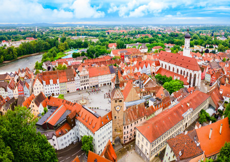 Hauptplatz main square aerial panoramic view in Landsberg am Lech. Landsberg am Lech is a town in southwest Bavaria, Germany.の写真素材