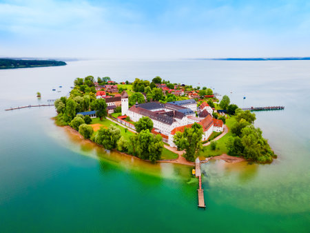 Frauenchiemsee or Frauenworth Abbey aerial panoramic view, it is a Benedictine abbey on the island of Frauenchiemsee in Chiemsee lake, Bavaria in Germanyの写真素材