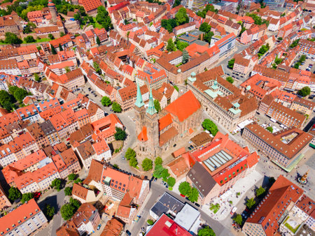 Saint Sebaldus or St. Sebald Church aerial panoramic view in Nuremberg old town. Nuremberg is the second largest city of Bavaria state in Germany.の写真素材