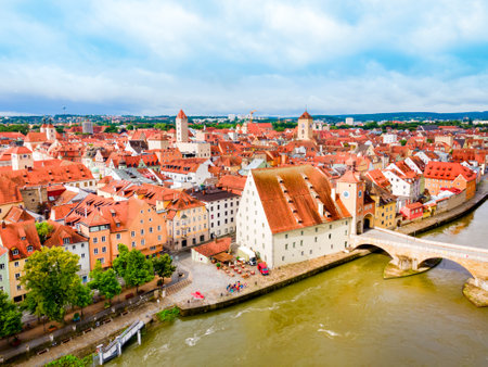 Bridge Tower or Brueckturm aerial panoramic view in Regensburg city, Germanyの写真素材