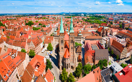 Saint Sebaldus or St. Sebald Church aerial panoramic view in Nuremberg old town. Nuremberg is the second largest city of Bavaria state in Germany.の写真素材