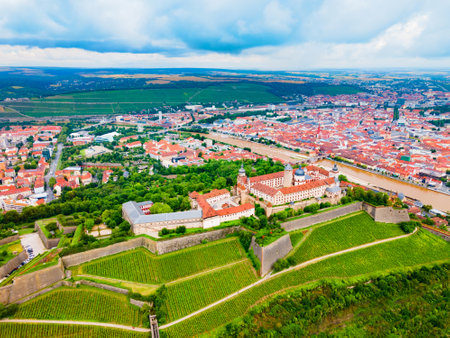 Marienberg Fortress aerial panoramic view in Wurzburg old town. Wurzburg or Wuerzburg is a city in Franconia region of Bavaria state, Germany.の写真素材