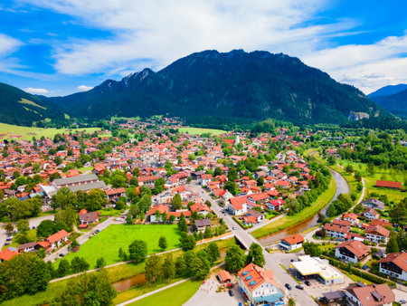 Oberammergau aerial panoramic view. Oberammergau is a town in the district of Garmisch-Partenkirchen in Bavaria, Germanyの写真素材