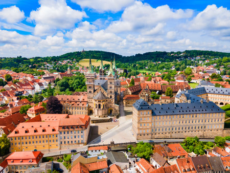 Bamberg old town aerial panoramic view. Bamberg is a town on the river Regnitz in Upper Franconia, Bavaria in Germany.の写真素材