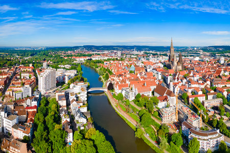Ulm Minster or Ulmer Munster aerial panoramic view, a Lutheran church located in Ulm, Germany. It is currently the tallest church in the world.の写真素材