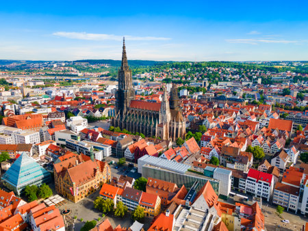 Ulm Minster or Ulmer Munster Cathedral aerial panoramic view, a Lutheran church located in Ulm, Germany. It is currently the tallest church in the world.の写真素材