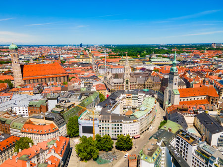 Marienplatz aerial panoramic view. Marienplatz or St. Mary square is a central square in the city centre of Munich, Germany.の写真素材