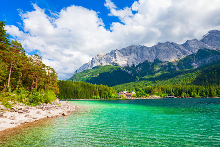 Eibsee lake near Garmisch-Partenkirchen town in Bavaria, Germanyの写真素材