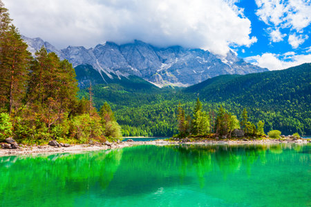 Eibsee lake near Garmisch-Partenkirchen town in Bavaria, Germanyの写真素材