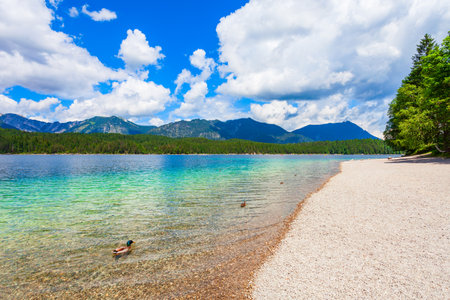 Eibsee lake near Garmisch-Partenkirchen town in Bavaria, Germanyの写真素材